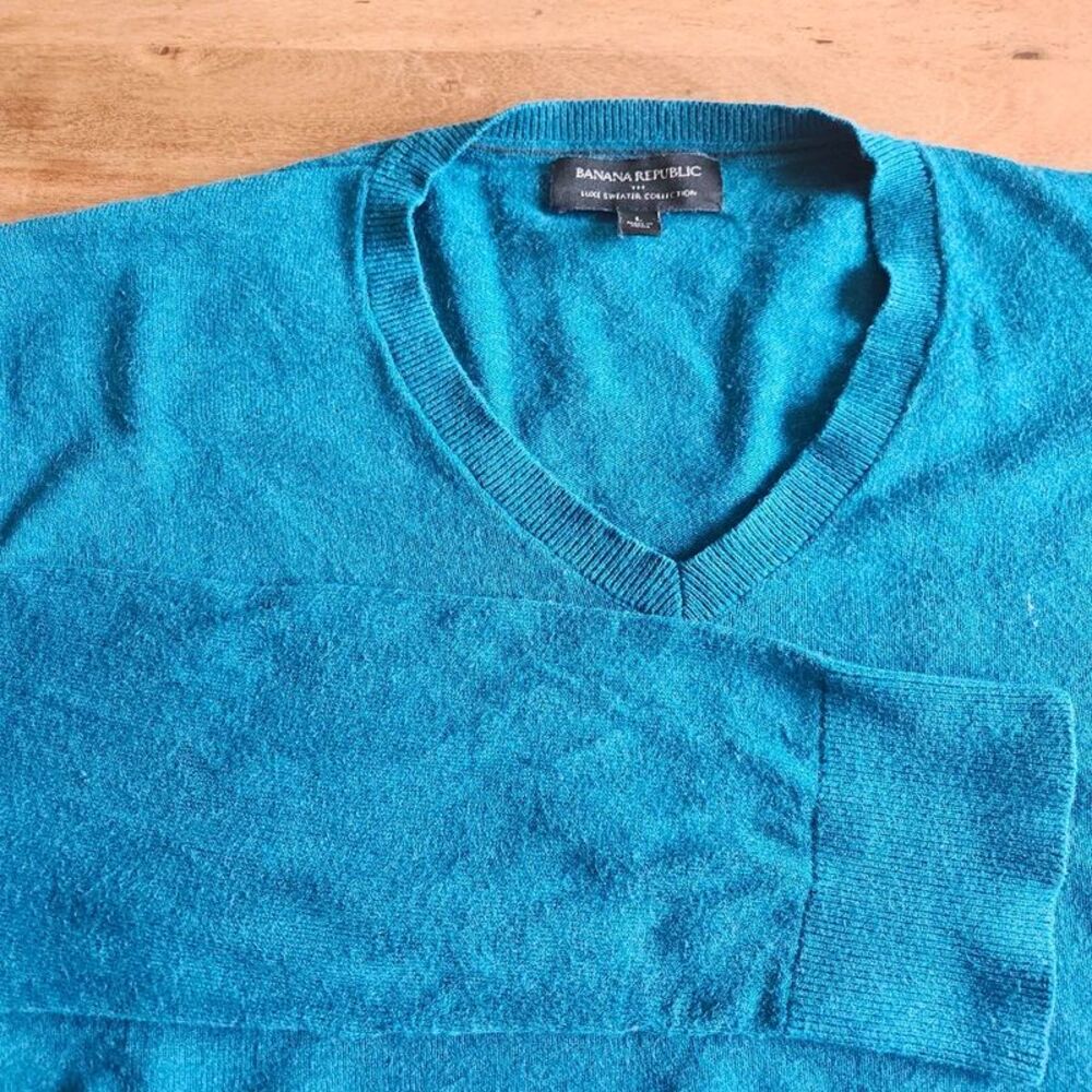 Banana Republic Mens Large Teal Blue Luxe V Neck Sweater Cotton Blend